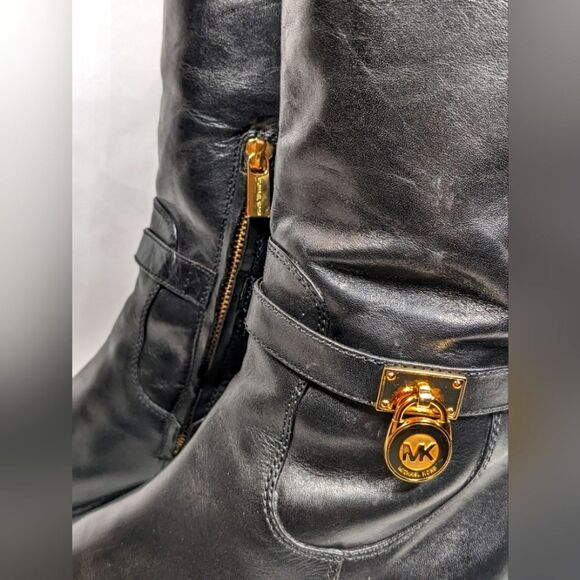Michael Kors Hamilton Lock Black Leather Riding Boots 2" Heel Size 7M - Picture 6 of 13